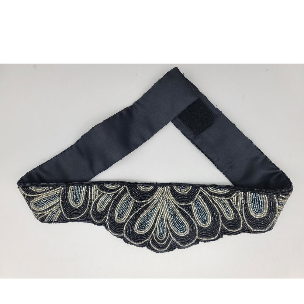 Vintage Magid Dynasty Style Beaded Belt Black/Gray Fabric Lined Hook/Eye Close